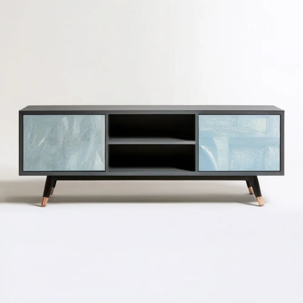 Szafka RTV czarno-jasnoniebieska z MDF i szkła, 140 x 40 x 55 cm