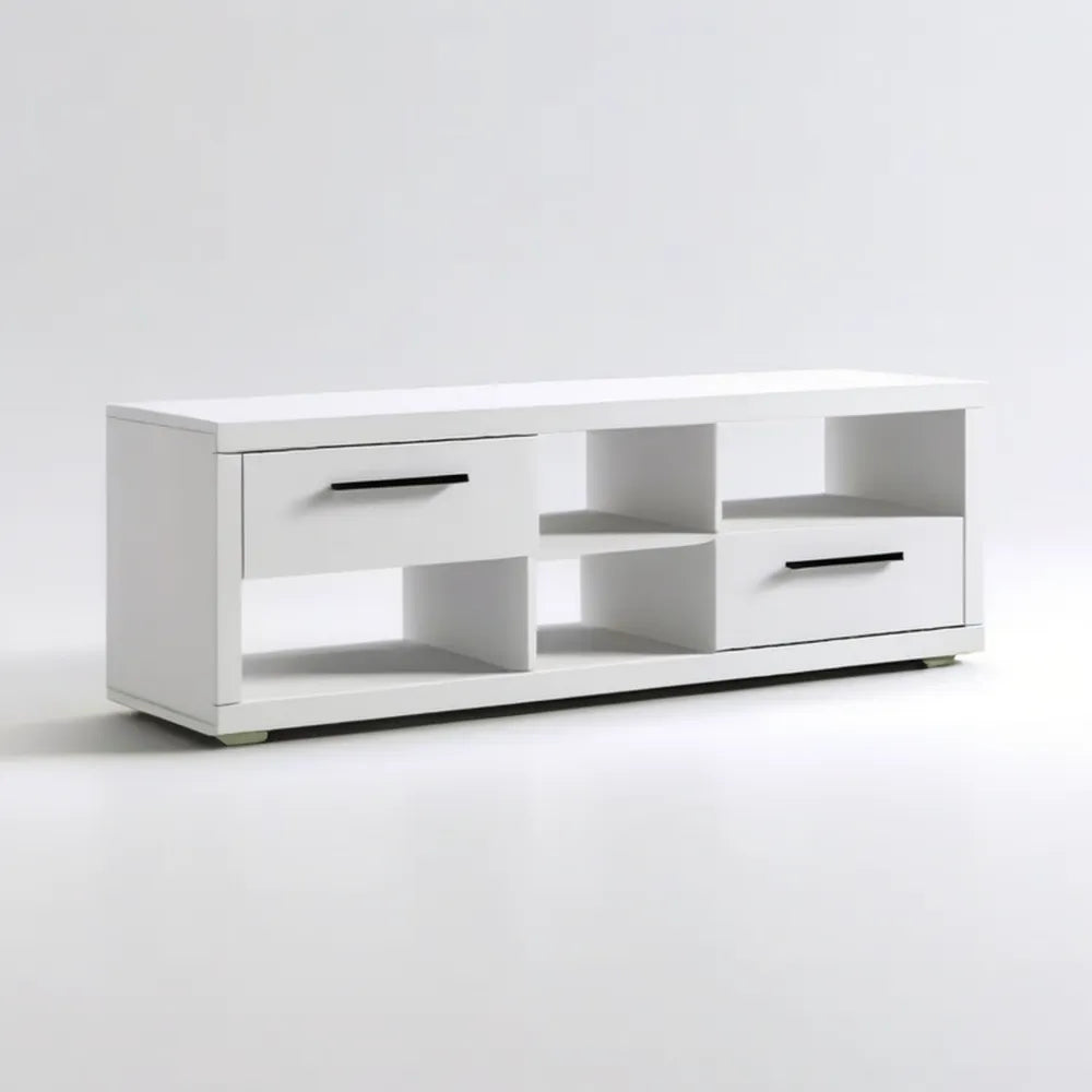 Biała szafka RTV z czarnymi uchwytami, 2 szuflady i 4 wnęki, 120 × 40 × 45 cm