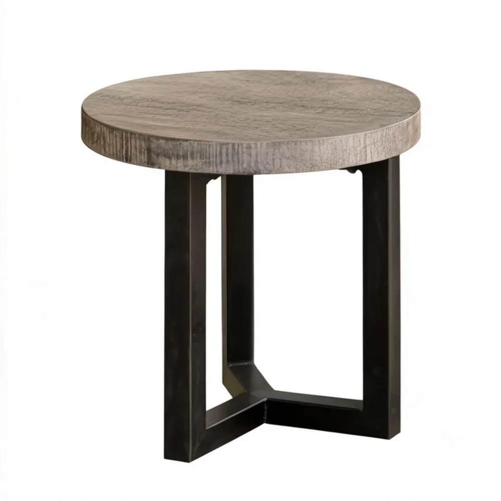 Okrągły stolik boczny Ø50 x 55 cm z blatem MDF w dekorze szarego dębu i czarną stalową podstawą