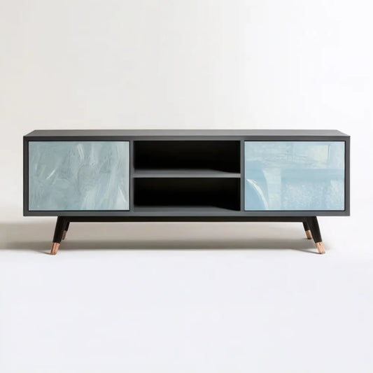Szafka RTV czarno-jasnoniebieska z MDF i szkła, 140 x 40 x 55 cm