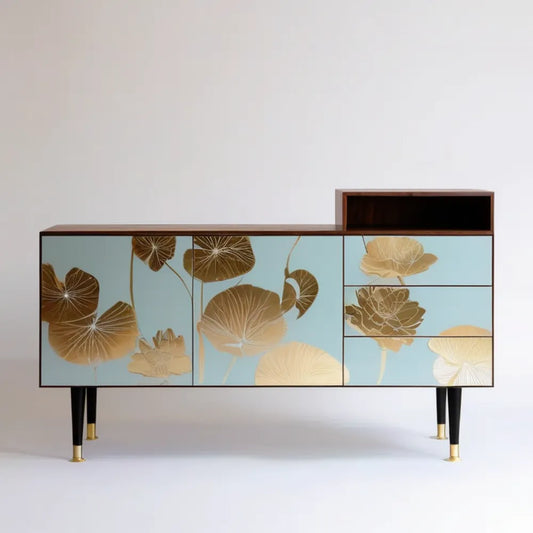 Komoda MDF z motywem kwiatowym, niebiesko-złota, 160 x 40 x 90 cm