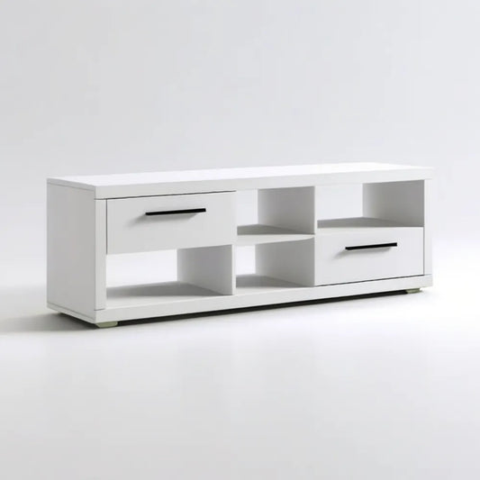 Biała szafka RTV z czarnymi uchwytami, 2 szuflady i 4 wnęki, 120 × 40 × 45 cm
