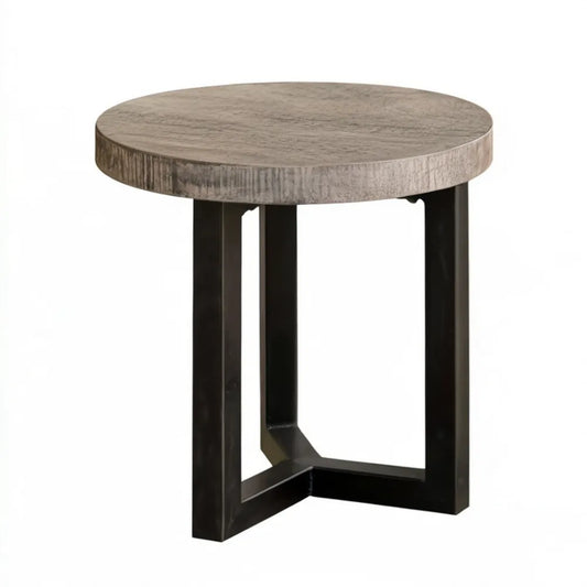 Okrągły stolik boczny Ø50 x 55 cm z blatem MDF w dekorze szarego dębu i czarną stalową podstawą
